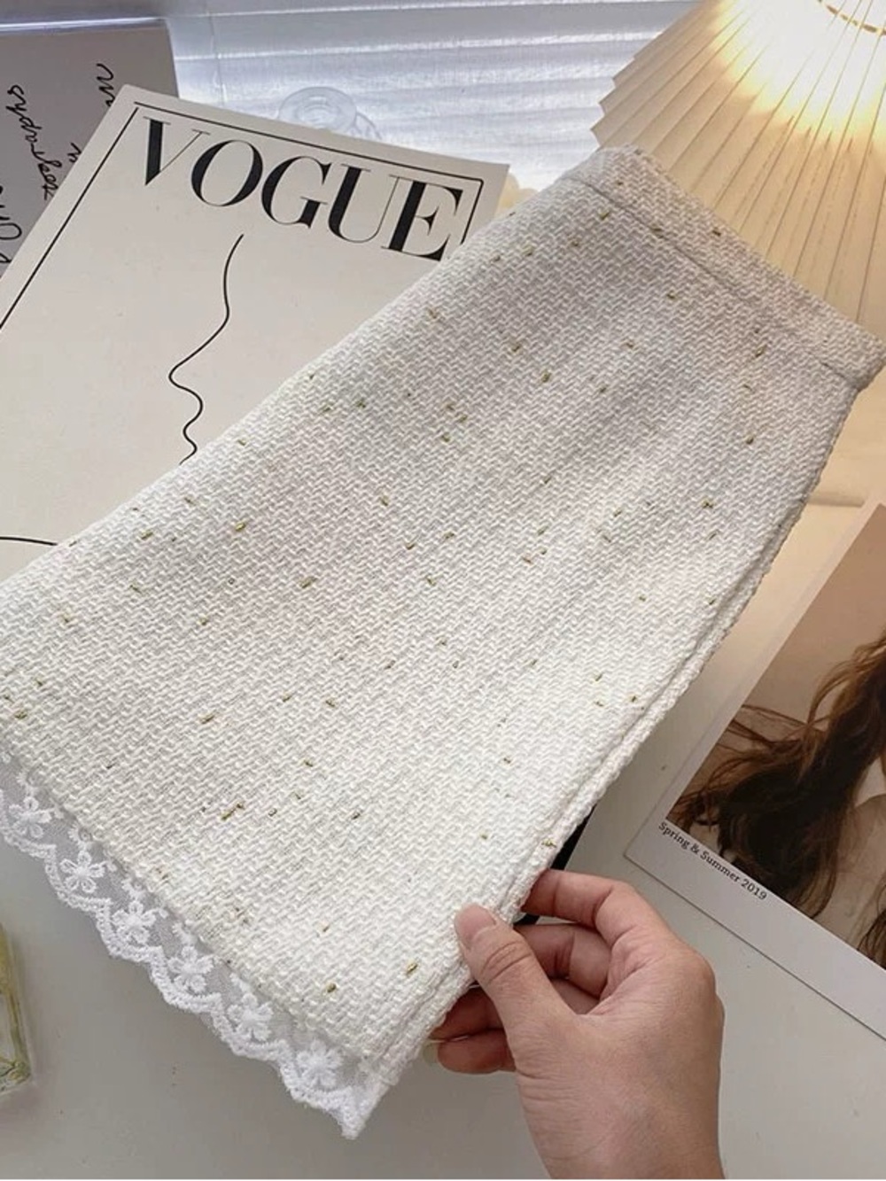 White Tweed A-line Skirt with Lace Trim